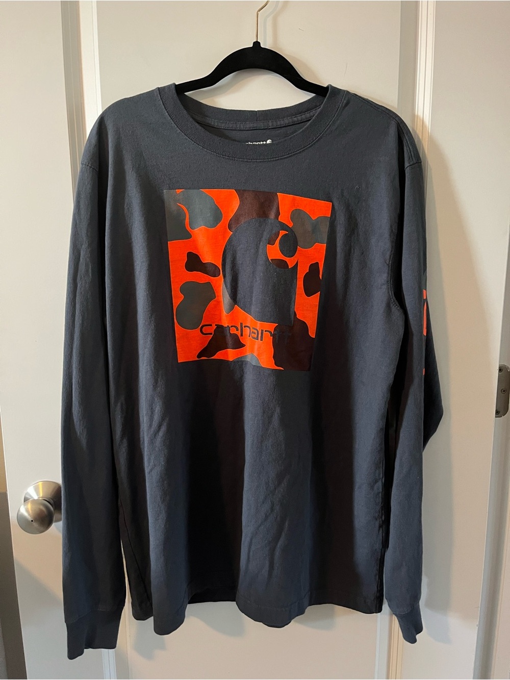 Carhartt Charcoal Relaxed Fit Long Sleeve Tee with Orange Camo Logo